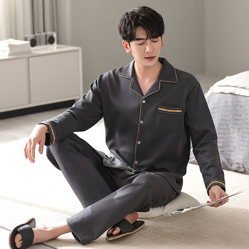 Pavasario ir rudens vyriška pižama su atlapu, dvipusė medvilninė ilgomis rankovėmis, patogi plius dydžio viršutiniai drabužiai, namų apyvokos reikmenys, pižama su kostiumu