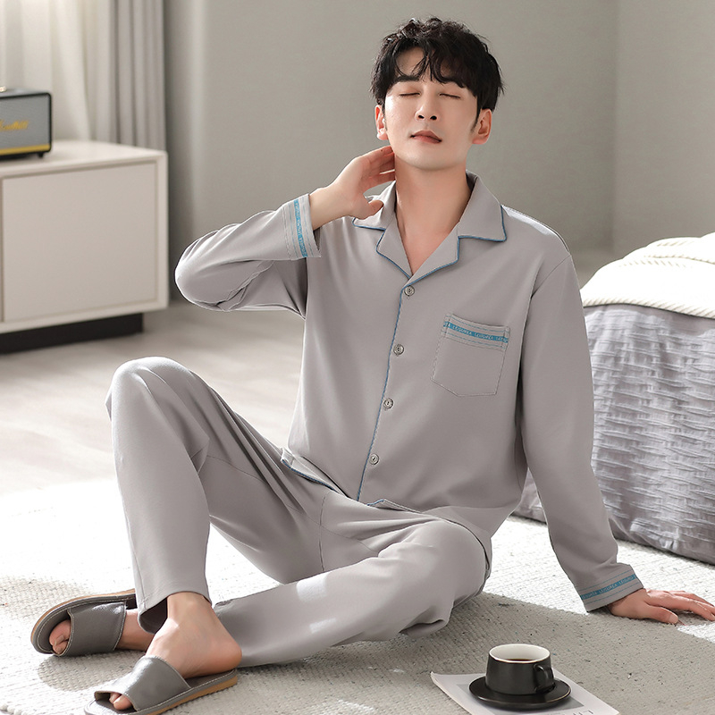 Pavasario ir rudens vyriška pižama su atlapu, dvipusė medvilninė ilgomis rankovėmis, patogi plius dydžio viršutiniai drabužiai, namų apyvokos reikmenys, pižama su kostiumu