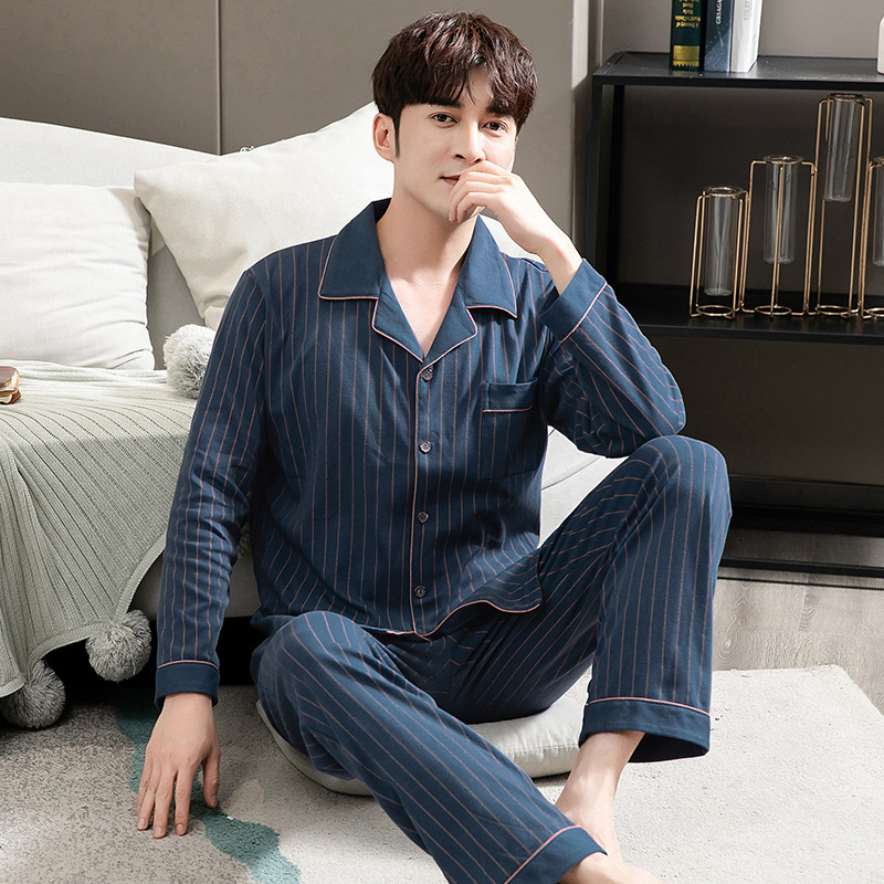 Pavasario ir rudens vyriška pižama su atlapu, dvipusė medvilninė ilgomis rankovėmis, patogi plius dydžio viršutiniai drabužiai, namų apyvokos reikmenys, pižama su kostiumu