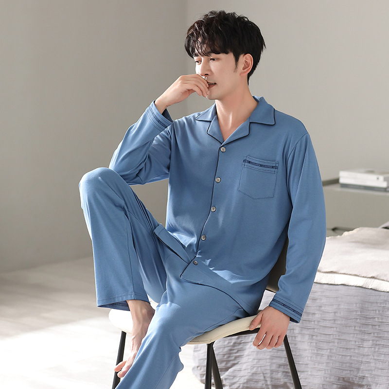 Pavasario ir rudens vyriška pižama su atlapu, dvipusė medvilninė ilgomis rankovėmis, patogi plius dydžio viršutiniai drabužiai, namų apyvokos reikmenys, pižama su kostiumu