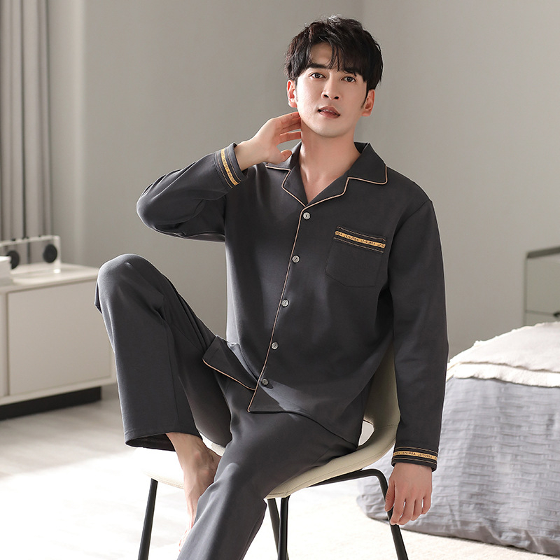 Pavasario ir rudens vyriška pižama su atlapu, dvipusė medvilninė ilgomis rankovėmis, patogi plius dydžio viršutiniai drabužiai, namų apyvokos reikmenys, pižama su kostiumu