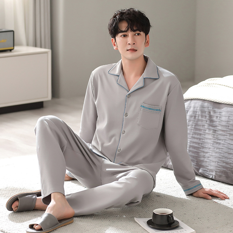 Pavasario ir rudens vyriška pižama su atlapu, dvipusė medvilninė ilgomis rankovėmis, patogi plius dydžio viršutiniai drabužiai, namų apyvokos reikmenys, pižama su kostiumu