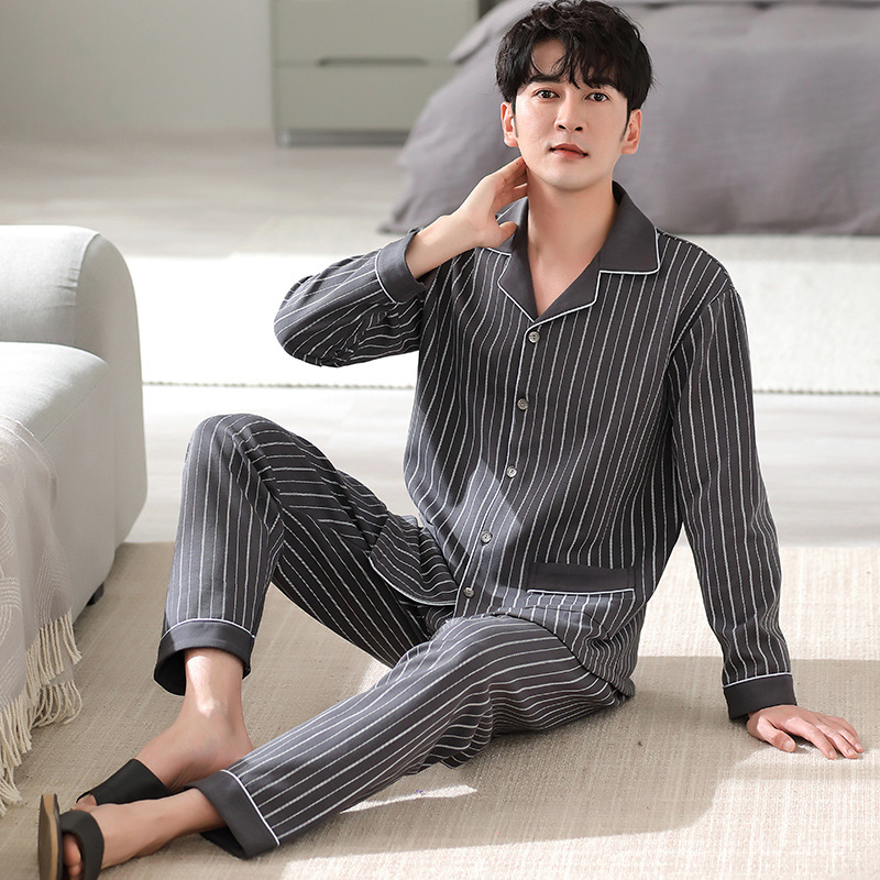 Pavasario ir rudens vyriška pižama su atlapu, dvipusė medvilninė ilgomis rankovėmis, patogi plius dydžio viršutiniai drabužiai, namų apyvokos reikmenys, pižama su kostiumu