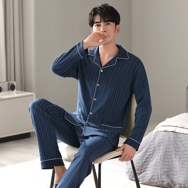 Pavasario ir rudens vyriška pižama su atlapu, dvipusė medvilninė ilgomis rankovėmis, patogi plius dydžio viršutiniai drabužiai, namų apyvokos reikmenys, pižama su kostiumu