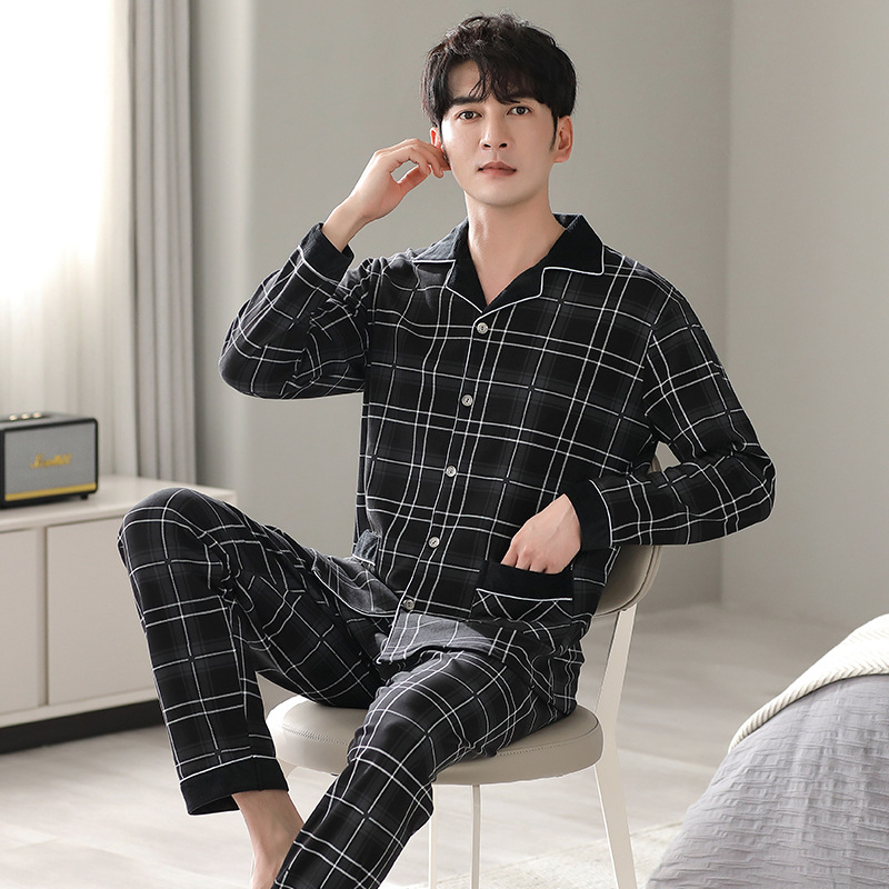 Pavasario ir rudens vyriška pižama su atlapu, dvipusė medvilninė ilgomis rankovėmis, patogi plius dydžio viršutiniai drabužiai, namų apyvokos reikmenys, pižama su kostiumu