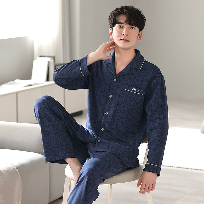 Pavasario ir rudens vyriška pižama su atlapu, dvipusė medvilninė ilgomis rankovėmis, patogi plius dydžio viršutiniai drabužiai, namų apyvokos reikmenys, pižama su kostiumu