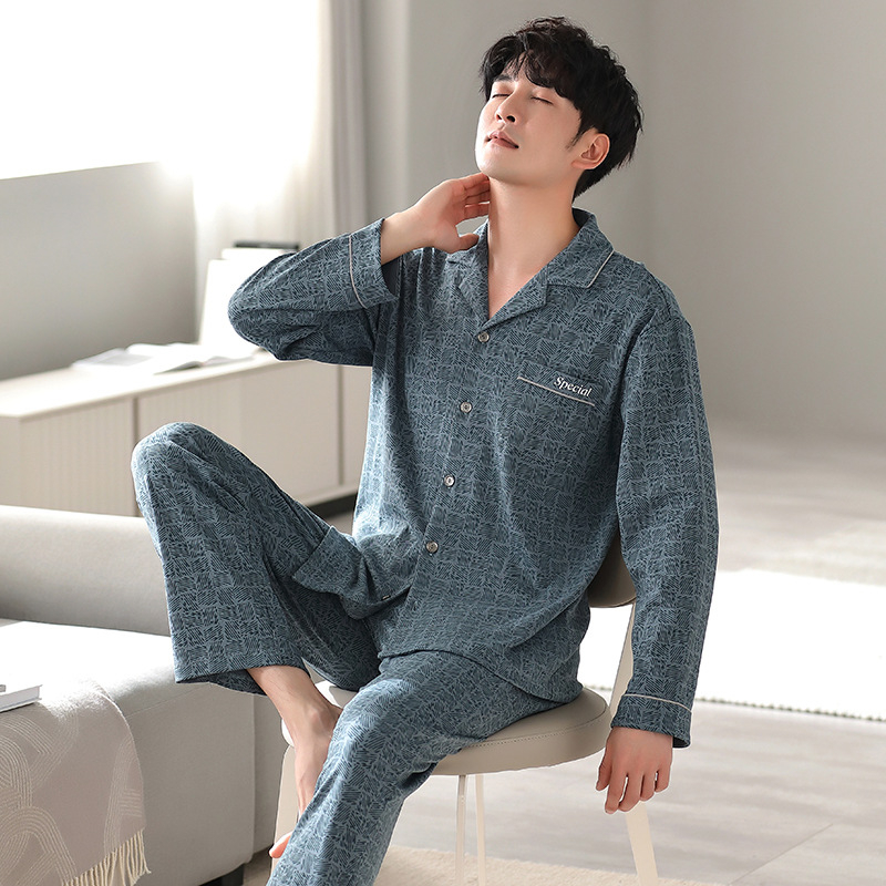 Pavasario ir rudens vyriška pižama su atlapu, dvipusė medvilninė ilgomis rankovėmis, patogi plius dydžio viršutiniai drabužiai, namų apyvokos reikmenys, pižama su kostiumu
