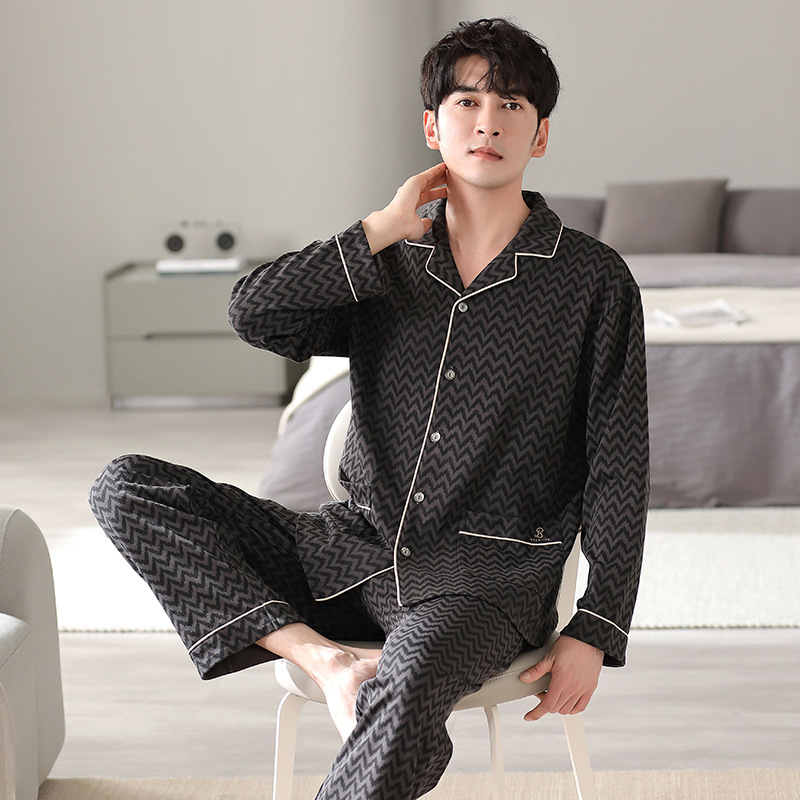 Pavasario ir rudens vyriška pižama su atlapu, dvipusė medvilninė ilgomis rankovėmis, patogi plius dydžio viršutiniai drabužiai, namų apyvokos reikmenys, pižama su kostiumu