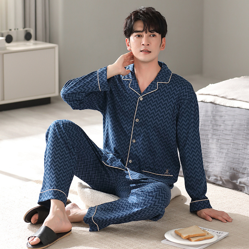 Pavasario ir rudens vyriška pižama su atlapu, dvipusė medvilninė ilgomis rankovėmis, patogi plius dydžio viršutiniai drabužiai, namų apyvokos reikmenys, pižama su kostiumu