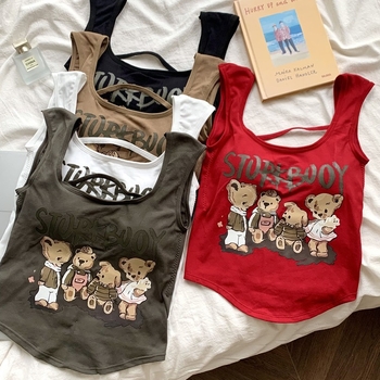 Bluză scurtă fără mâneci pentru femei, vara anului 2023, cu imprimeu elegant, cu fund scurt, American hot girl, la modă