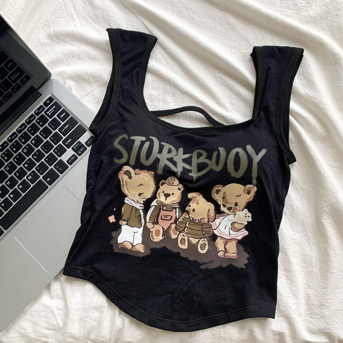 Bluză scurtă fără mâneci pentru femei, vara anului 2023, cu imprimeu elegant, cu fund scurt, American hot girl, la modă