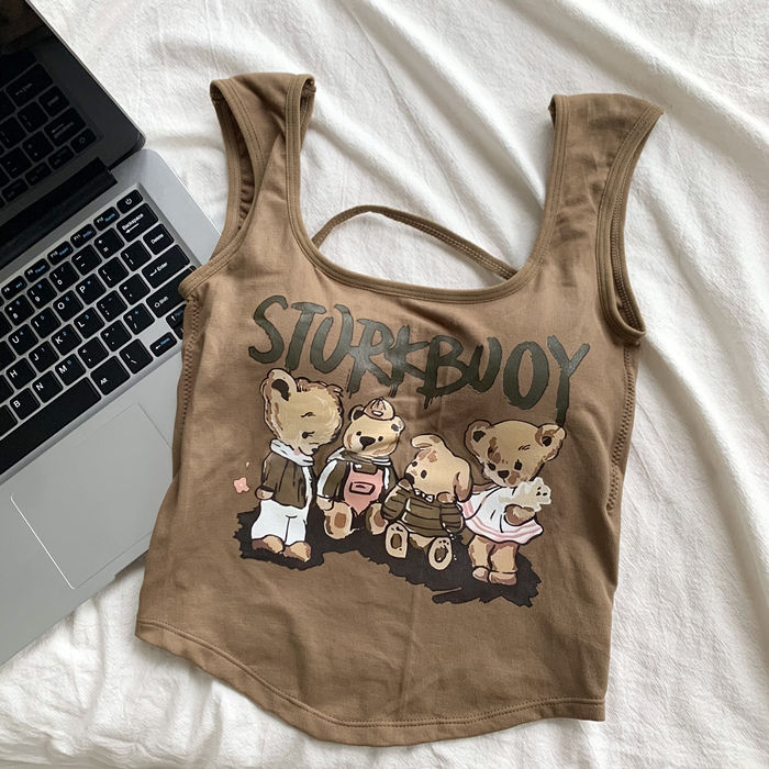 Bluză scurtă fără mâneci pentru femei, vara anului 2023, cu imprimeu elegant, cu fund scurt, American hot girl, la modă