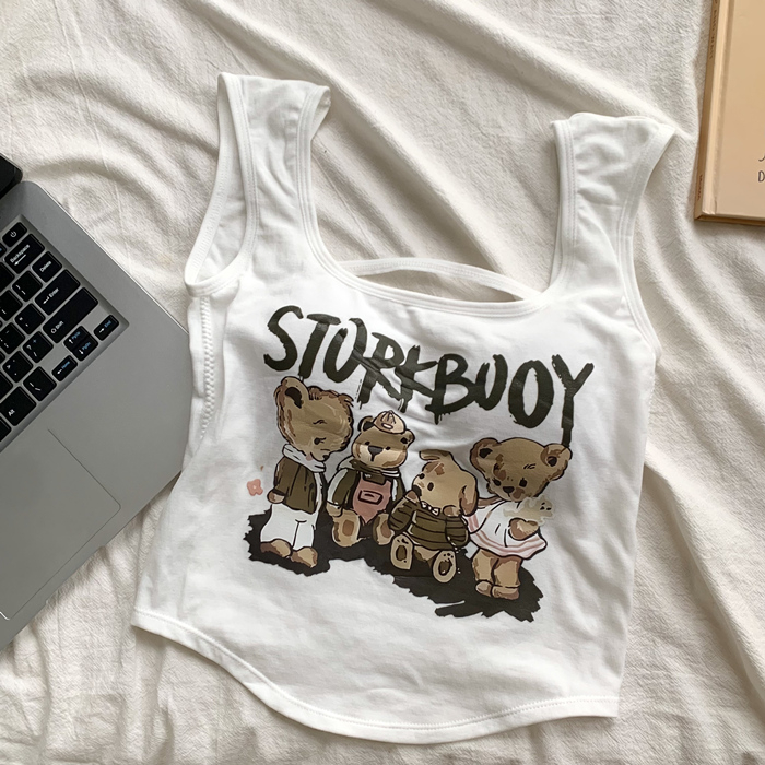 Bluză scurtă fără mâneci pentru femei, vara anului 2023, cu imprimeu elegant, cu fund scurt, American hot girl, la modă