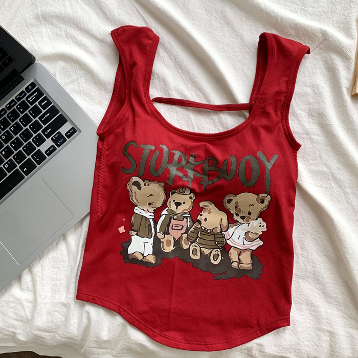 Bluză scurtă fără mâneci pentru femei, vara anului 2023, cu imprimeu elegant, cu fund scurt, American hot girl, la modă