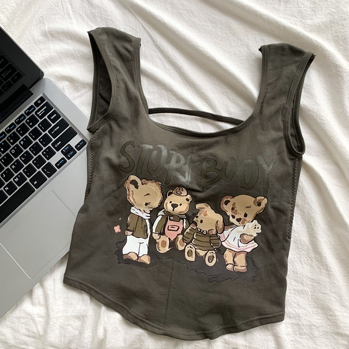 Bluză scurtă fără mâneci pentru femei, vara anului 2023, cu imprimeu elegant, cu fund scurt, American hot girl, la modă