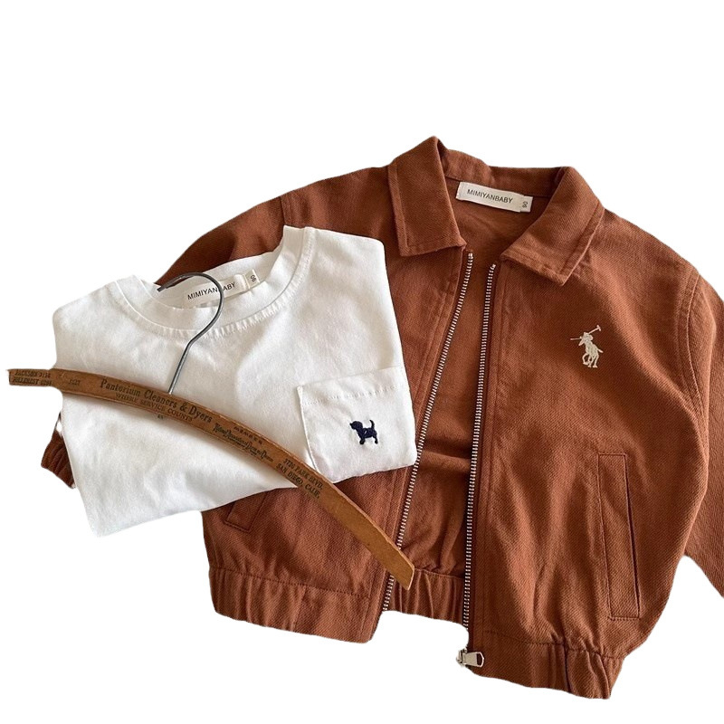 Dječji kaput, jesenski kaput u korejskom stilu za dječake, elegantno izvezen, kaput s reverom, kratka majica s patentnim zatvaračem za bebe
