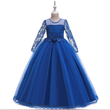 Piiriülene uus pikkade varrukatega pitsist võrgust printsessikleit laste kolmemõõtmeline lilleline pikk kleit näidikleit