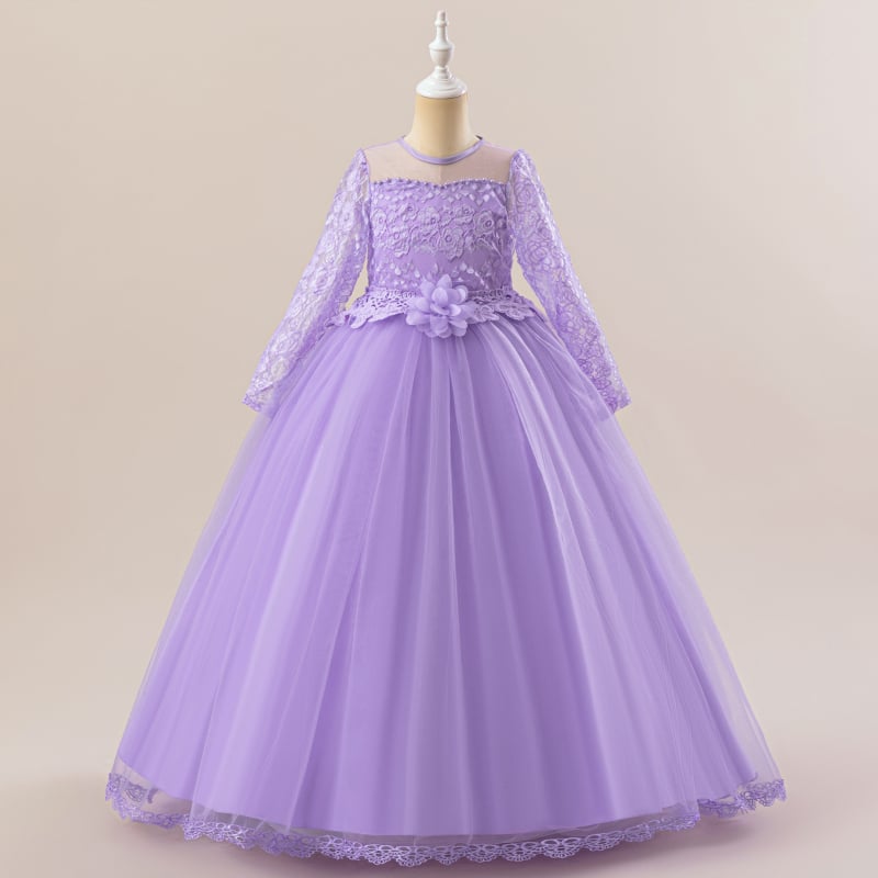 Jauna, pārrobežu, garām piedurknēm, mežģīņu sieta princeses kleita, bērnu kleita, trīsdimensiju, ziedu raksta garā kleita, skates kleita