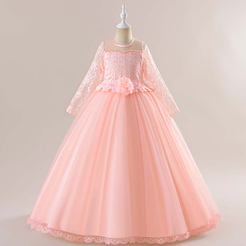 Piiriülene uus pikkade varrukatega pitsist võrgust printsessikleit laste kolmemõõtmeline lilleline pikk kleit näidikleit