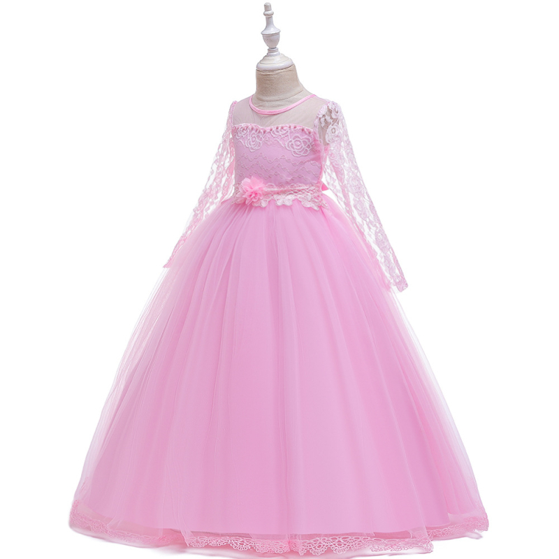 Piiriülene uus pikkade varrukatega pitsist võrgust printsessikleit laste kolmemõõtmeline lilleline pikk kleit näidikleit