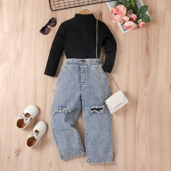 Παιδικά Ρούχα για Κορίτσια από την Ευρώπη και την Αμερική για το Φθινόπωρο και τον Χειμώνα, Pit Strip, Pure Color, Μακρυμάνικο Τζιν, Σετ Δύο Τεμαχίων, Μοντέρνο Παιδικό