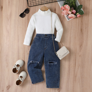 Παιδικά Ρούχα για Κορίτσια από την Ευρώπη και την Αμερική για το Φθινόπωρο και τον Χειμώνα, Pit Strip, Pure Color, Μακρυμάνικο Τζιν, Σετ Δύο Τεμαχίων, Μοντέρνο Παιδικό