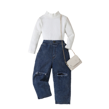Παιδικά Ρούχα για Κορίτσια από την Ευρώπη και την Αμερική για το Φθινόπωρο και τον Χειμώνα, Pit Strip, Pure Color, Μακρυμάνικο Τζιν, Σετ Δύο Τεμαχίων, Μοντέρνο Παιδικό