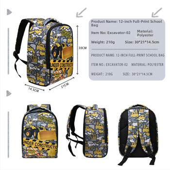 2025. gada pārrobežu ekskavatora bērnudārza mugursoma, poliestera svara samazināšanas inženiertehniskā transportlīdzekļa skolas soma, pilnībā apdrukāta divdaļīga mugursoma