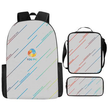 Kohandatud seljakoti pliiatsiümbris ühe õlaga õlakott kolmeosaline komplekt koolikoti esiosa digitaalse värvitrüki töötlemiseks