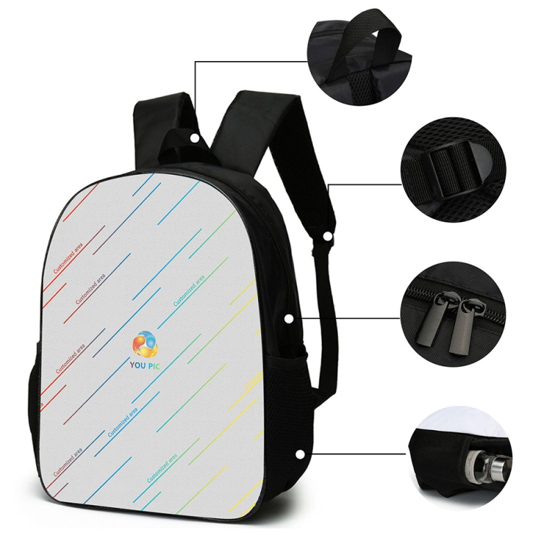 Kohandatud seljakoti pliiatsiümbris ühe õlaga õlakott kolmeosaline komplekt koolikoti esiosa digitaalse värvitrüki töötlemiseks