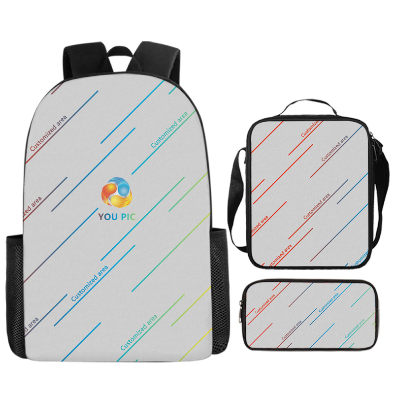 Kohandatud seljakoti pliiatsiümbris ühe õlaga õlakott kolmeosaline komplekt koolikoti esiosa digitaalse värvitrüki töötlemiseks