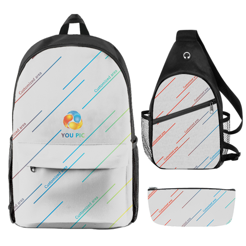 Kohandatud seljakoti pliiatsiümbris ühe õlaga õlakott kolmeosaline komplekt koolikoti esiosa digitaalse värvitrüki töötlemiseks