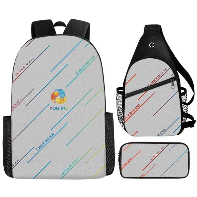 Kohandatud seljakoti pliiatsiümbris ühe õlaga õlakott kolmeosaline komplekt koolikoti esiosa digitaalse värvitrüki töötlemiseks