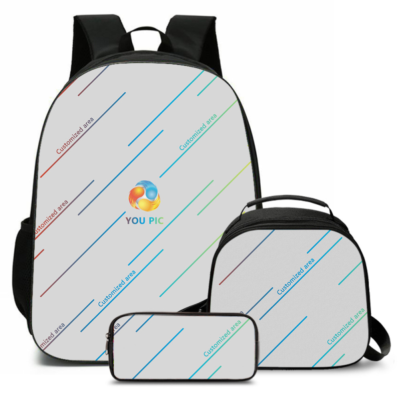 Kohandatud seljakoti pliiatsiümbris ühe õlaga õlakott kolmeosaline komplekt koolikoti esiosa digitaalse värvitrüki töötlemiseks