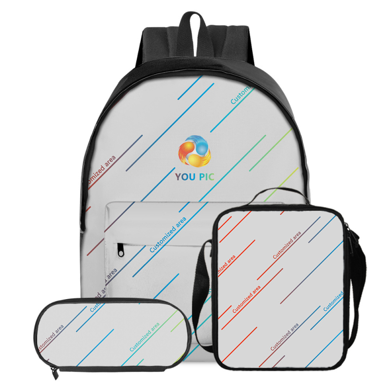 Kohandatud seljakoti pliiatsiümbris ühe õlaga õlakott kolmeosaline komplekt koolikoti esiosa digitaalse värvitrüki töötlemiseks