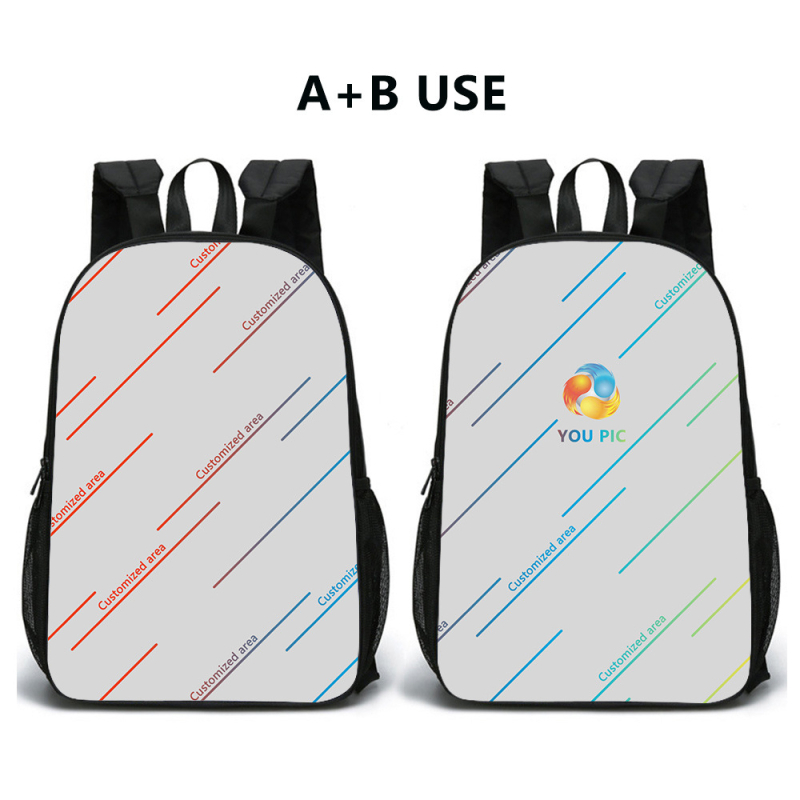 Kohandatud seljakoti pliiatsiümbris ühe õlaga õlakott kolmeosaline komplekt koolikoti esiosa digitaalse värvitrüki töötlemiseks