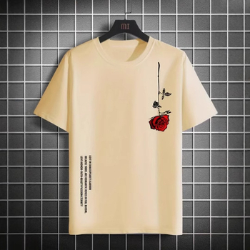 Pánske letné voľné tričko s krátkym rukávom, výstrihom do O-krku, bavlnené, s potlačou ruží, ležérne, úzke, priedušné