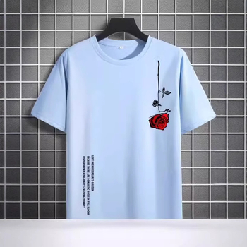 Pánske letné voľné tričko s krátkym rukávom, výstrihom do O-krku, bavlnené, s potlačou ruží, ležérne, úzke, priedušné