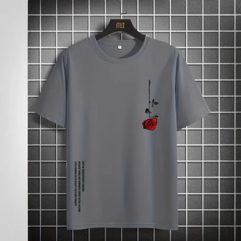 Pánske letné voľné tričko s krátkym rukávom, výstrihom do O-krku, bavlnené, s potlačou ruží, ležérne, úzke, priedušné