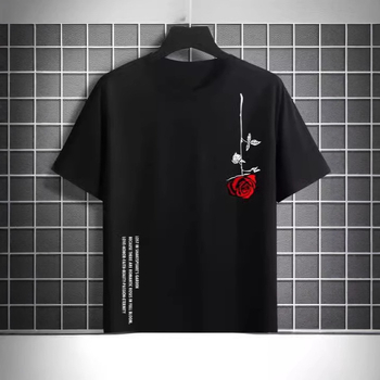 Pánske letné voľné tričko s krátkym rukávom, výstrihom do O-krku, bavlnené, s potlačou ruží, ležérne, úzke, priedušné