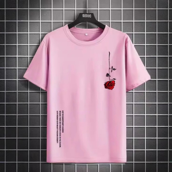 Pánske letné voľné tričko s krátkym rukávom, výstrihom do O-krku, bavlnené, s potlačou ruží, ležérne, úzke, priedušné