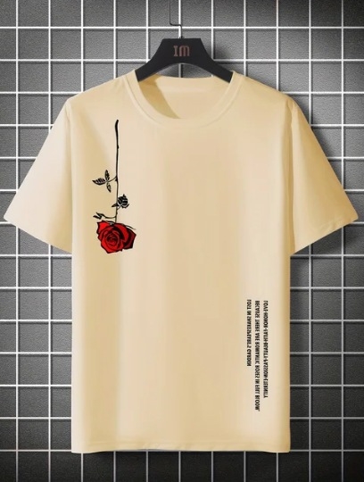 Pánske letné voľné tričko s krátkym rukávom, výstrihom do O-krku, bavlnené, s potlačou ruží, ležérne, úzke, priedušné