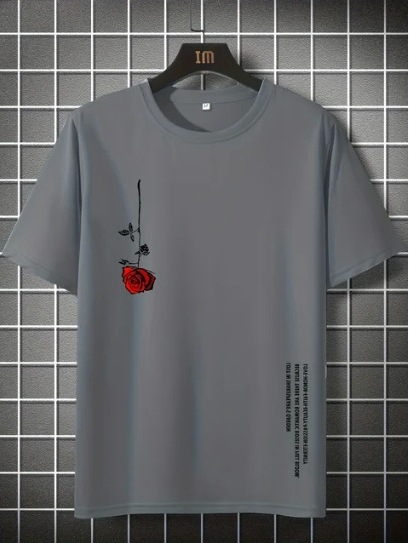 Pánske letné voľné tričko s krátkym rukávom, výstrihom do O-krku, bavlnené, s potlačou ruží, ležérne, úzke, priedušné