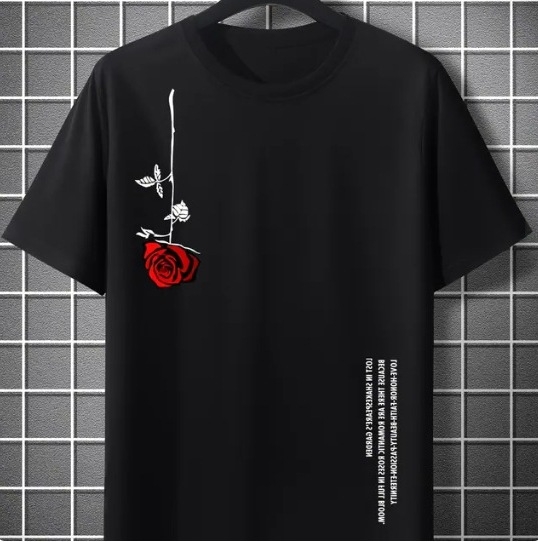 Pánske letné voľné tričko s krátkym rukávom, výstrihom do O-krku, bavlnené, s potlačou ruží, ležérne, úzke, priedušné