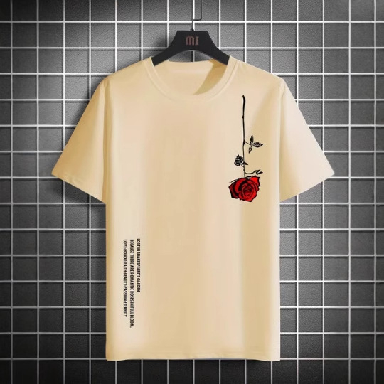 Pánske letné voľné tričko s krátkym rukávom, výstrihom do O-krku, bavlnené, s potlačou ruží, ležérne, úzke, priedušné