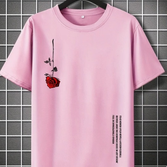 Pánske letné voľné tričko s krátkym rukávom, výstrihom do O-krku, bavlnené, s potlačou ruží, ležérne, úzke, priedušné
