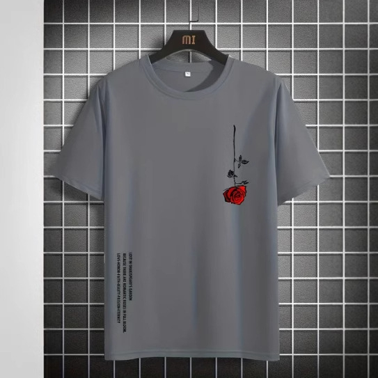 Pánske letné voľné tričko s krátkym rukávom, výstrihom do O-krku, bavlnené, s potlačou ruží, ležérne, úzke, priedušné