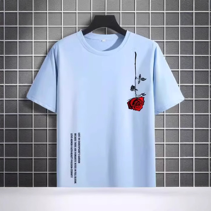 Pánske letné voľné tričko s krátkym rukávom, výstrihom do O-krku, bavlnené, s potlačou ruží, ležérne, úzke, priedušné