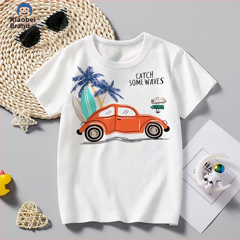 Gyerekruházat 2025 Nyári Ruházat Fiú Fehér Rövid Ujjú Fiú Trendi Gyerek Póló Rajzfilm Autó Mintás Nyári Félujjú