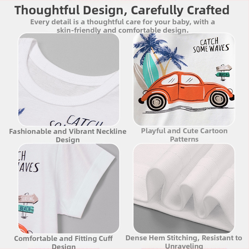 Detské oblečenie 2025 Letné oblečenie Chlapčenské biele tričko s krátkym rukávom, trendy detské tričko s kresleným vzorom auta, letné tričko s polovičnými rukávmi